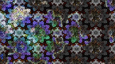 Çok renkli ve gri zarif küçük çiçekler ve siyah ve gri renkli komik böcekler, raster desen, illüstrasyon.