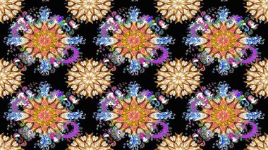 Raster illüstrasyonu. Çiçek desenli çizim. Raster illüstrasyonu. Asya tekstil tarzında. Siyah renkte çiçekler.