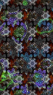 Renkli desenli eskiz deseni, siyah çiçekler ve dekoratif elementlerle. Raster illüstrasyonu. Eskiz geçmişi. Eski usul. Kumaş, tekstil ve duvar kağıdı baskısı için..