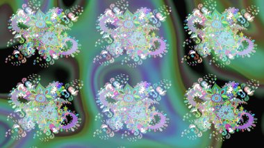 Tekstil için suluboya eskiz deseni. El çizimi çiçek çizimi deseni (fayans). Şirin çiçekleri, desenleri, yeşil ve mavi renkleri olan renkli çizim deseni.