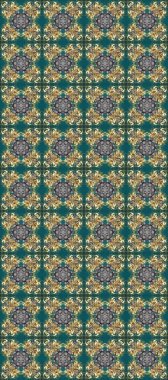 Klasik raster sarısı, kusursuz desen. Çiçek süsü kumaş deseni, cam, çiçek desenli metal gri, mavi ve yeşil renklerde altın elementler..