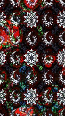 Siyah ve kahverengi renkte etnik çiçeklerle süslenmiş zarif bir eskiz. Asya Tekstil 'inde Raster Çiçek İllüstrasyonu.