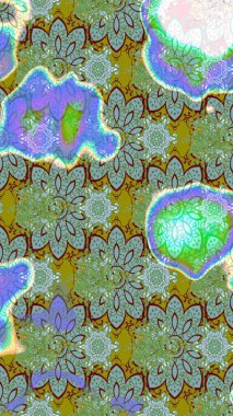 Yeşil ve mavi renkli bitkilerden oluşan parlak çiçekli çizim deseni.