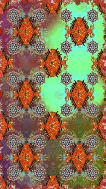 Kahverengi ve yeşil renkli şirin tekstil. Raster illüstrasyonu. Renkli, pürüzsüz desen. Çiçek arkaplan. Çiçek duvar kağıdı.