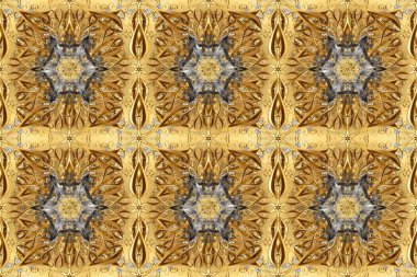 Noel, kar tanesi, yeni yıl 2019. Kahverengi, bej ve sarı renklerde altın elementlerle kusursuz klasik desen.