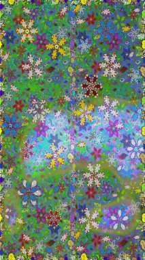 Raster Çiçek İllüstrasyonu güzel tekstil. Yeşil ve mavi renkte etnik çiçeklerle kusursuz bir desen..