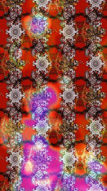 Raster illüstrasyonu. Kahverengi, kırmızı ve nötr renklerde çiçekler. Asya tekstil tarzında. Çiçek desenli çizim. Raster illüstrasyonu.