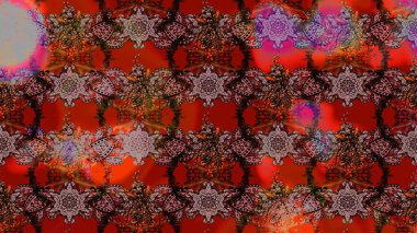 Üzerinde gelincikler ve vadi zambakları olan renkli çiçek desenli nakış deseni. Tekstil tasarımı için geleneksel Raster çiçek buketi kahverengi, kırmızı ve siyah renkler.