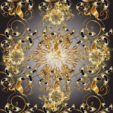 Gri ve kahverengi renklerde altın elementlerle kusursuz desen. Doğu tarzı arabesk. Parlak dantel, çiçekler, şal deseni. Kusursuz altın desenli bukleler. Zarif altın deseni aç.