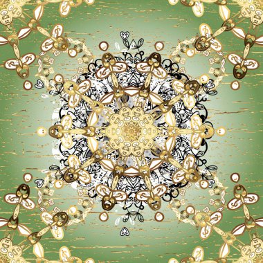 Kusursuz klasik raster altın desenli. Geleneksel oryantasyon süsü. Klasik klasik klasik arka plan. Kahverengi ve beyaz renklerde, altın elementlerle kusursuz desen.