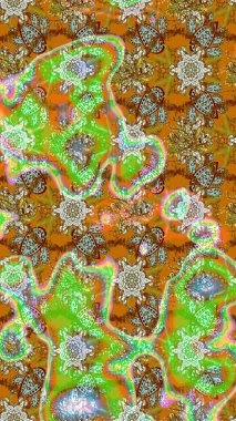 Yeşil ve kahverengi renkli etnik çiçekli zarif eskiz deseni. Raster Çiçek İllüstrasyon Şirin Tekstil.