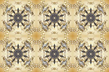 Kusursuz damaske klasik altın desen. Raster illüstrasyonu. Gri, nötr ve bej renklerde altın sarısı elementler. Tekrarlayan ögelerle soyut arkaplan Raster.