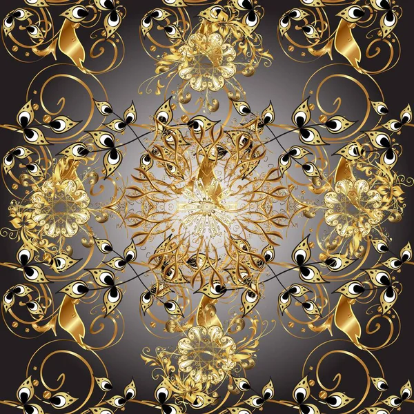 Gri ve kahverengi renklerde altın elementlerle kusursuz desen. Doğu tarzı arabesk. Parlak dantel, çiçekler, şal deseni. Kusursuz altın desenli bukleler. Zarif altın deseni aç.