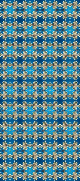 Altın maviye, bej ve nötr renklere. Raster illüstrasyonu. Dekoratif simetri arabesk. Kusursuz ortaçağ çiçek deseni. Doğum günü, davetiye ya da afiş için tebrik kartı.