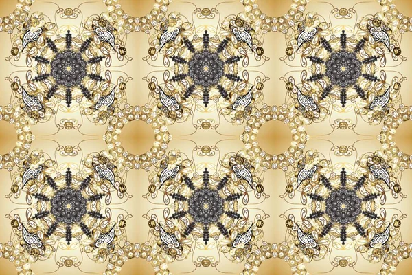 Kusursuz damaske klasik altın desen. Raster illüstrasyonu. Gri, nötr ve bej renklerde altın sarısı elementler. Tekrarlayan ögelerle soyut arkaplan Raster.