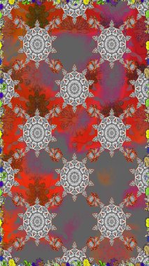 Asya tekstil tarzında. Renkli Bahar Temalı Kusursuz Arkaplan. Kusursuz çiçek deseni. Düz Çiçek Elementleri Tasarımı. Raster illüstrasyonu. Gri ve kahverengi renkte çiçekler.