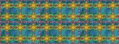 El çizimi çiçek unsurları olan soyut, dikişsiz raster deseni. Mavi maviye. Çiçekli ipek eşarp. 1950-1960 motifleri. Retro tekstil tasarım koleksiyonu.