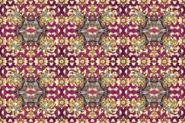 Noel, kar tanesi, yeni yıl 2019. Altın elementlerle bej, mor ve kahverengi renklerde kusursuz klasik desen.