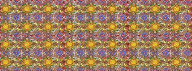 Kusursuz bir geçmişi var. Eski usul. Kumaş, tekstil, duvar kağıdı baskısı için. Raster illüstrasyonu. Renkli desenli, kahverengi çiçekli ve dekoratif elementli kusursuz desen..