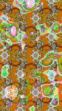 Gentle, tender floral background. Flowers on brown, orange and green colors. Raster floral pattern in doodle style with flowers.