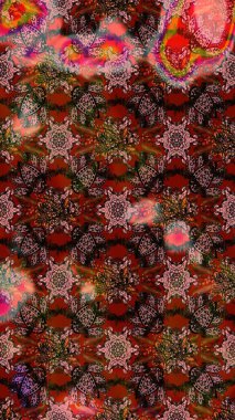 Çok kahverengi ve kırmızı zarif küçük çiçekler ve kahverengi ve kırmızı renkli komik böcekler, raster desen, illüstrasyon.