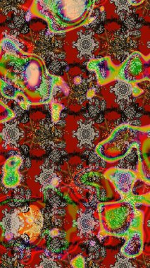 Kırmızı ve kahverengi renkte etnik çiçeklerle süslenmiş zarif bir eskiz şekli. Raster Çiçek İllüstrasyonu güzel tekstil..