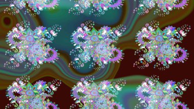 Çiçeksel elementlerle süslenmiş zarif raster dokusu. Küçük çiçekte hoş bir çiçek deseni var. Parlak çiçekli kahverengi ve mavi renkler üzerine soyut çizim deseni.