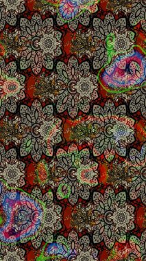 Asya tekstil tarzında. Raster illüstrasyonu. Çiçek desenli çizim. Raster illüstrasyonu. Gri ve kahverengi renkte çiçekler.