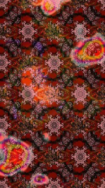 Modern çiçek arkaplanı. Halk tarzı. Parlak renkli çiçekleri ve kahverengi ve kırmızı renkte yaprakları olan harika bir çiçek deseni. Moda baskıları için zarif bir şablon.