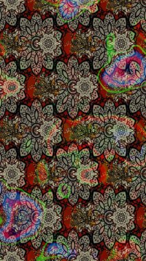 Asya tekstil tarzında. Raster illüstrasyonu. Çiçek desenli çizim. Raster illüstrasyonu. Gri ve kahverengi renkte çiçekler.