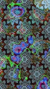 Yumuşak, bahar çiçekleri mavi ve yeşil renklerde. Raster illüstrasyonu. Patlayan çiçekler soyut olarak yerleştirilmiş. Raster deseni.