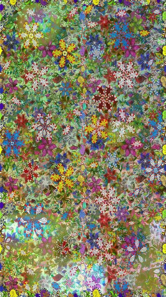 Karalama çiçeği. Renkli Bahar Temalı Kusursuz Arkaplan. Düz Çiçek Elementleri Tasarımı. Güzel kumaş deseni. Raster illüstrasyonu. Zentangle soyut çiçekleri.