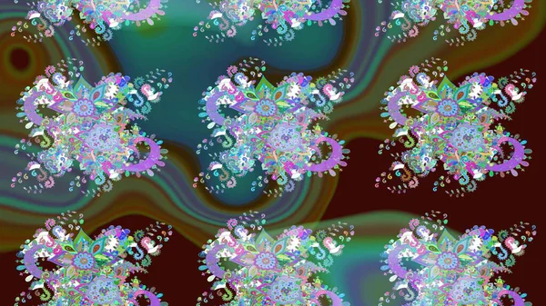 Çiçeksel elementlerle süslenmiş zarif raster dokusu. Küçük çiçekte hoş bir çiçek deseni var. Parlak çiçekli kahverengi ve mavi renkler üzerine soyut çizim deseni.