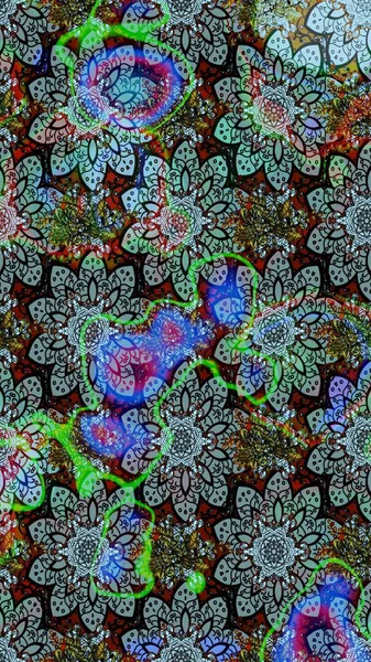 Yumuşak, bahar çiçekleri mavi ve yeşil renklerde. Raster illüstrasyonu. Patlayan çiçekler soyut olarak yerleştirilmiş. Raster deseni.