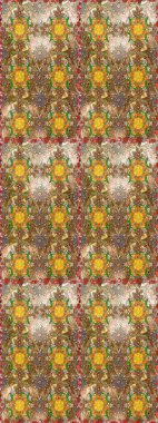 Moda baskıları için zarif bir şablon. Parlak renkli çiçekleri ve kahverengi ve bej renkli yaprakları olan harika bir çiçek deseni. Modern çiçek arkaplanı. Halk stili.