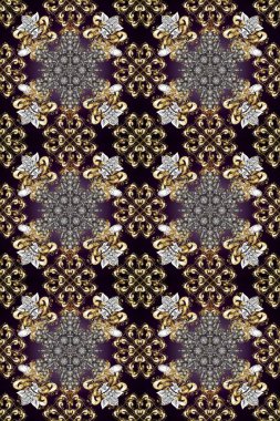Kahverengi, siyah ve gri renklerde altın rengi ve altın elementleri var. Kahverengi, siyah ve gri renklerde altın elementlerle kusursuz klasik desen. Noel, kar tanesi, yeni yıl.