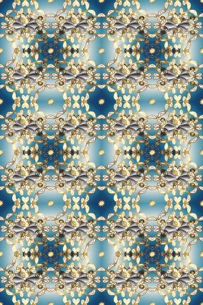 Kış kar dokusu duvar kağıdı. Sembol bayramı, yeni yıl kutlamaları, altın desenler. Mavi, bej ve nötr renklerde altın kar taneleri. Noel altın kar taneleri kusursuz desen.