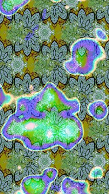 Yeşil ve mavi renkler üzerine çiçek desenli eskiz, el yapımı papatyalar, papatyalar. Tekrarlayan çiçek arkaplanı, zarif yeşil ve mavi çiçekler duvar kağıdı.