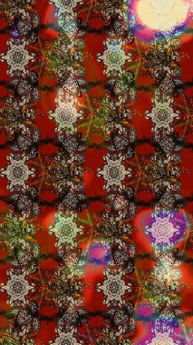 Eski usul. Renkli desenli eskiz deseni, kahverengi, kırmızı ve bej çiçekler ve dekoratif elementler. Raster illüstrasyonu. Eskiz geçmişi. Kumaş, tekstil ve duvar kağıdı baskısı için..