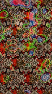 Çiçek desenli çizim. Raster illüstrasyonu. Güzel kumaş deseni. Düz Çiçek Elementleri Tasarımı. Renkli Bahar Teması eskiz kalıbı. Asya tekstil tarzında.