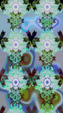 Düz Çiçek Elementleri Tasarımı. Kusursuz Renksiz Bahar Temalı Kusursuz Arkaplan. Sevimli çiçek raster deseni. Mavi ve nötr renkte çiçekler.