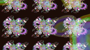 1950-1960 motifleri. Çiçekli ipek eşarp. Retro tekstil tasarım koleksiyonu. El çizimi çiçek unsurları olan soyut çizim raster deseni. Gri ve yeşil, gri ve yeşil.