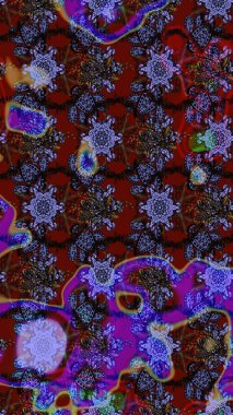 Suluboya elle çizilmiş çiçek desenli eskiz deseni. Parlak renkli fantezi çiçekleri, yapraklar, kahverengi ve mor renkli tomurcuklar kahverengi ve mor.