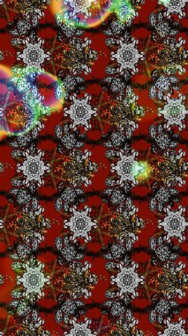 Raster Floral Illustration, Asyalı tekstil. Gri, kahverengi ve kırmızı renkte etnik çiçeklerle zarif bir eskiz deseni..