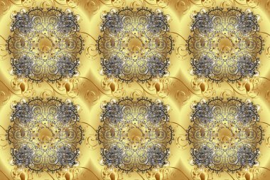 Geleneksel raster ve altın desen. Damask pürüzsüz süsü. Klasik oryantal desen bej, nötr ve sarı renkler üzerine.