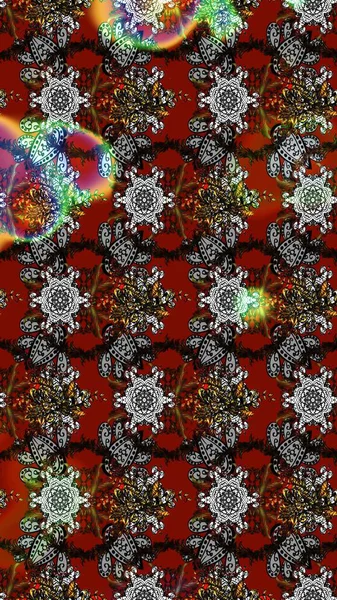 Raster Floral Illustration, Asyalı tekstil. Gri, kahverengi ve kırmızı renkte etnik çiçeklerle zarif bir eskiz deseni..