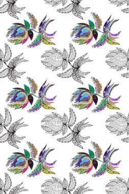 Raster illüstrasyonu. Tatlı çiçekli kusursuz desen ve kırmızı, beyaz ve kahverengi renklerde yapraklar, suluboya çiçek deseni, duvar kağıdı, kart veya kumaş için fayanslı.