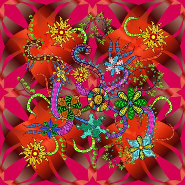 Kusursuz Renksiz Bahar Temalı Kusursuz Arkaplan. Sevimli çiçek raster deseni. Hoş renklerde çiçekler. Düz Çiçek Elementleri Tasarımı.