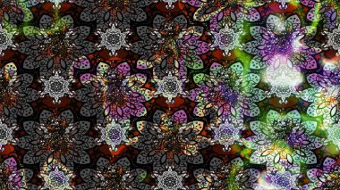 Gri ve siyah renklerde bahar çiçekleri. Raster deseni. Patlayan çiçekler soyut olarak yerleştirilmiş. Raster illüstrasyonu.