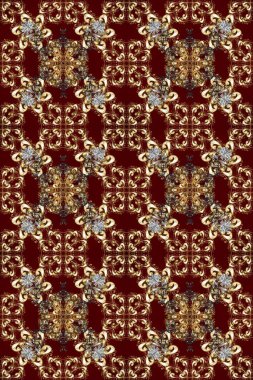 Gri, kırmızı ve kahverengi renklerde, altın elementlerle kusursuz klasik desen. Noel, kar tanesi, yeni yıl 2025.